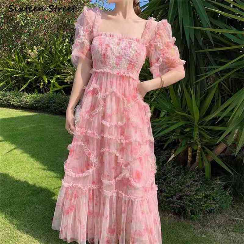 

Maxi Dresses for Women Summer Pink Mesh Square Collar Vintage Party Woman Clothing Runway Luxury Long Female 210603, Brown