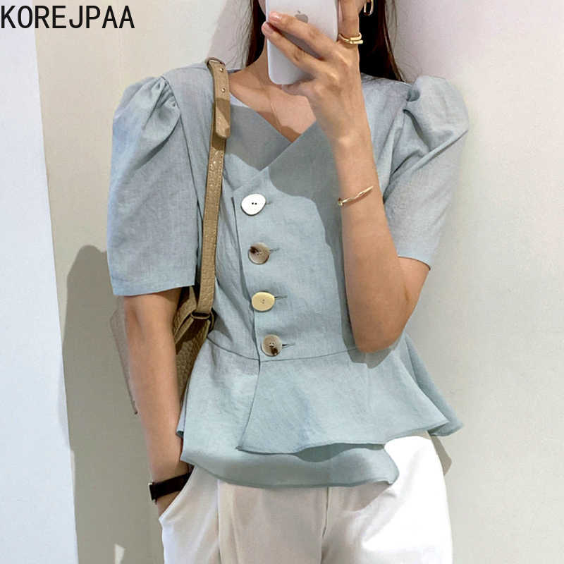 

Korejpaa Women Shirt Summer French Temperament Cross V-Neck Side Single-Breasted Slim Puff Sleeve Irregular Ruffled Blouses 210526, Blue