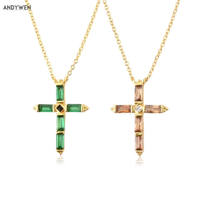 

ANDYWEN 925 Sterling Silver Colorful Cross Pendant Necklace Long Chain Fine Jewelry Collar Corto Doris Verde Rosa Rock Punk Oro
