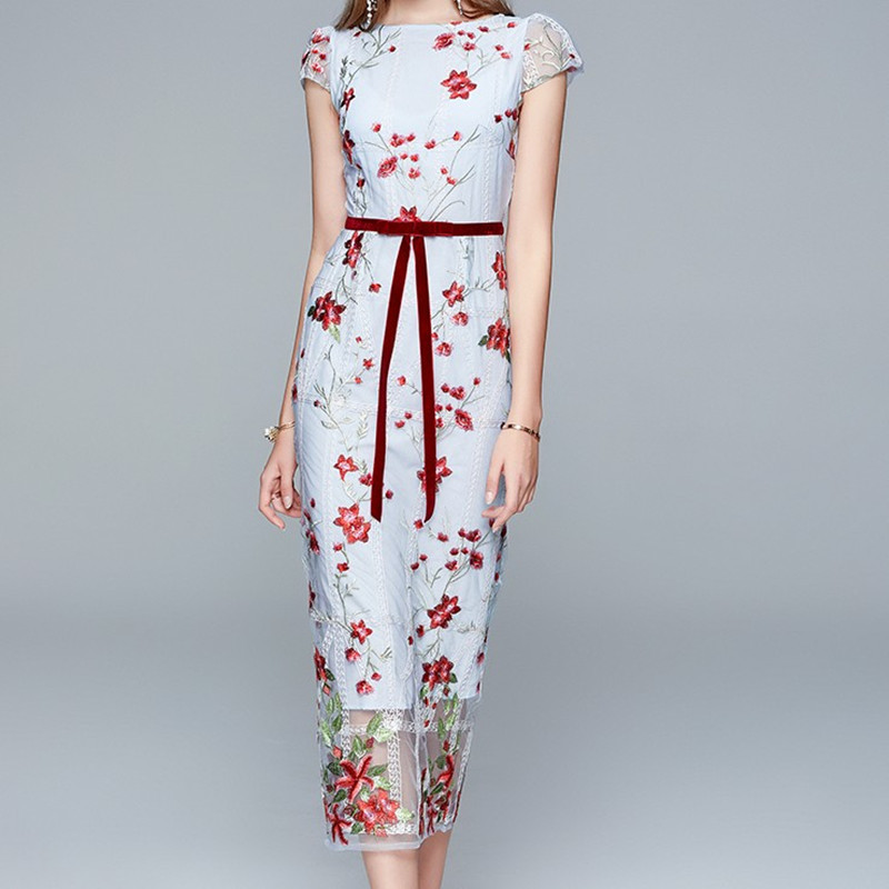 

ZAWFL Ladies Dress French Hepburn Style Temperament Waist Slimming Mesh Embroidery Floral Women' Summer 210525, Picture color