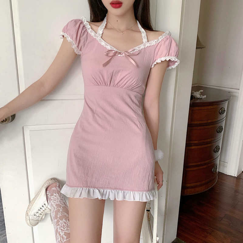 

Lace Pink Girl's Dress Waist Hugging Slimming French Dress Summer 2021 New Style Temperament Dress Y0603