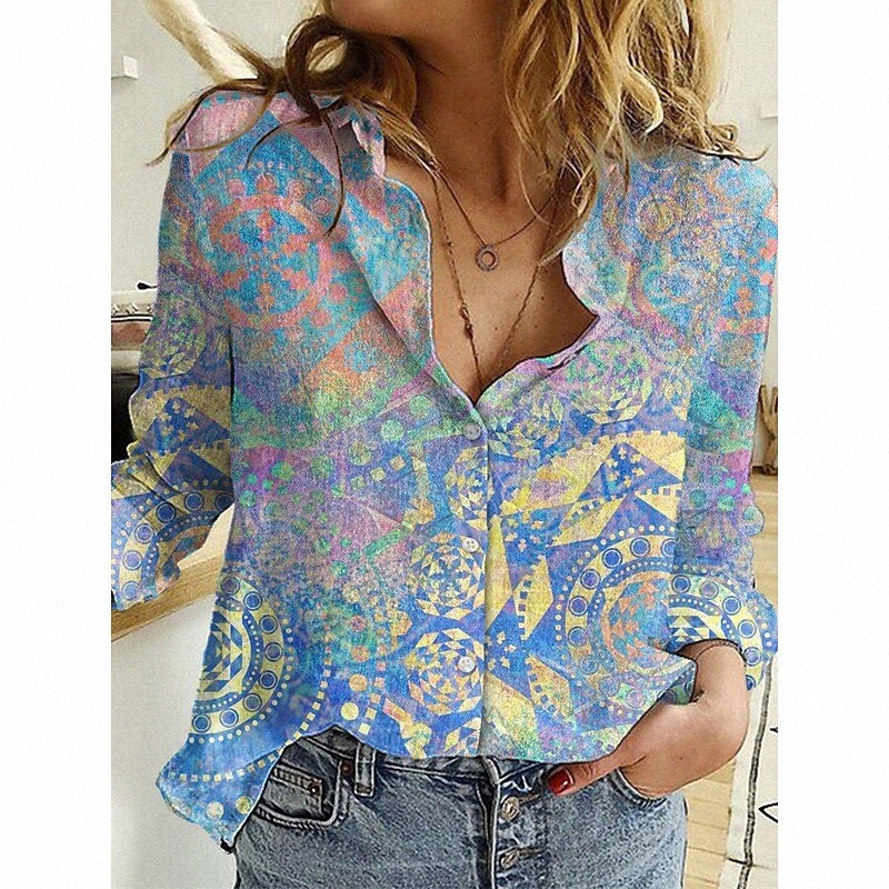 Women's Floral Theme Geometric Blouse Shirt Floral Graphic Geometric Print Shirt Collar Basic Tops Green Blue Purple w4e9#