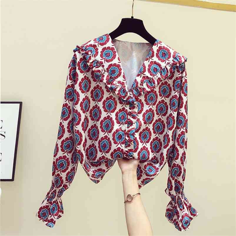 

Luxury Design Autumn Women's Flare Long Sleeve Floral Print Shirt Ladies Female Shirts Blouse Tops A3913 210519, Red