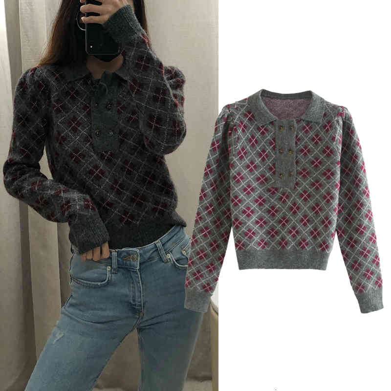 

Women's Sweaters Women Autumn fashion Diamond pattern Knitted polo shirt Girl Long Sleeve Casual Loose Knit sweater pullover I0QS, Beige