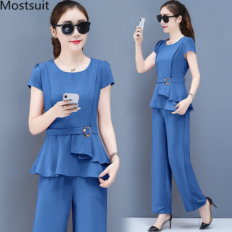 

Summer 2 Two Piece Sets Outfits Women Plus Size Short Sleeve Tunics Tops And Pants Suits Office Elegant Korean 210518, Green