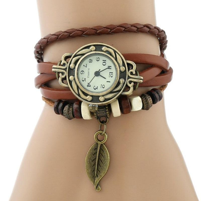

Wristwatches Women Watch Retro Leather Band Bracelet Tree Leaf Decoration Quartz WristWatch Lady Clock Relogio Mujer Feminino C237, Brown