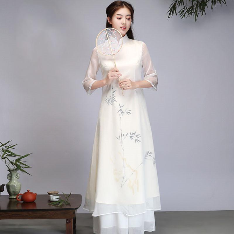 

Ethnic Clothing 2021 Traditional Vietnam Ao Dai Chinese Set Qipao For Women Flower Print Cheongsam Dress Style Costume Aodai