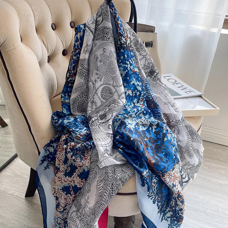 

Scarves 2021 Women Silk Winter Scarf Luxury Design Print Lady Beach Shawl Fashion Smooth Foulard Female Pashmina, Blue;gray