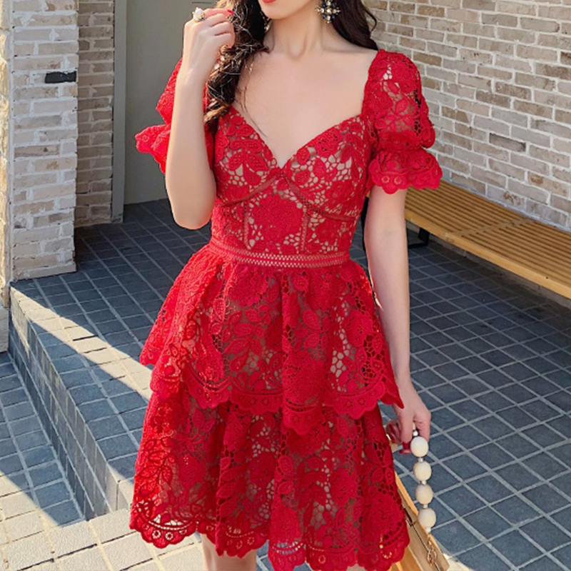 

A line Casual Dresses Summer Blue Lace for Woman Ruffles Neck Full-Sleeve Hollow Out Runway Patchwork High Waist Self Vestidos Ladies 2021, White