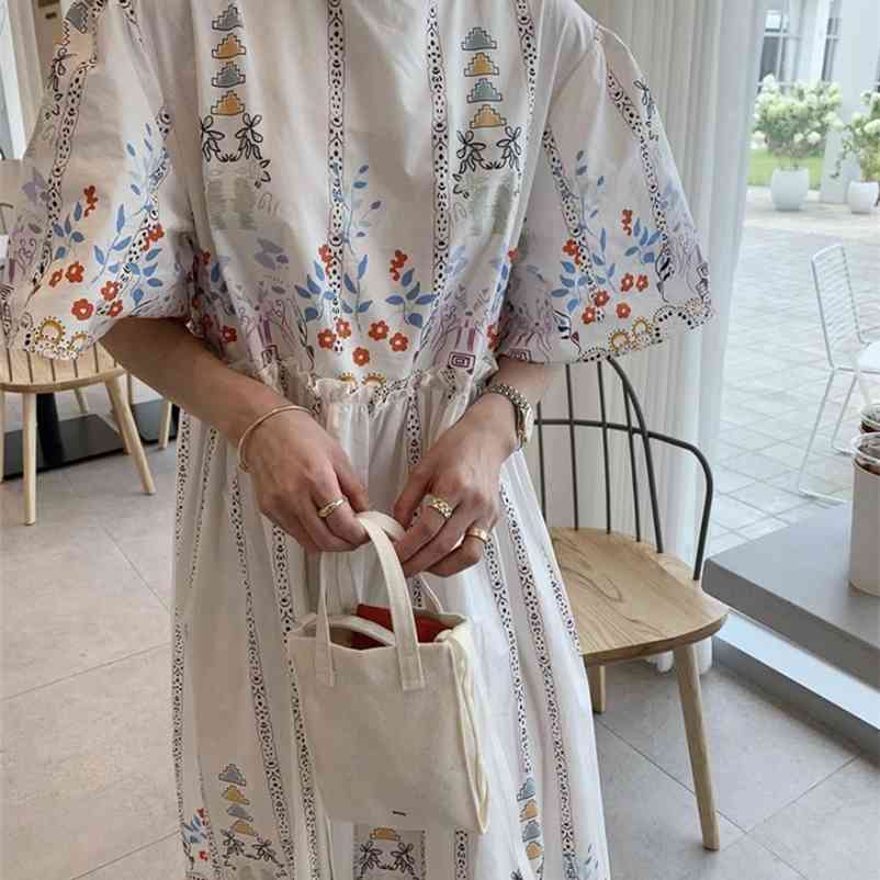 

LDYRWQY Retro Printed Wooden Ear Puff Sleeve Loose Round Neck Korean Fashion Ladies Dress Polyester 210603, Photo color
