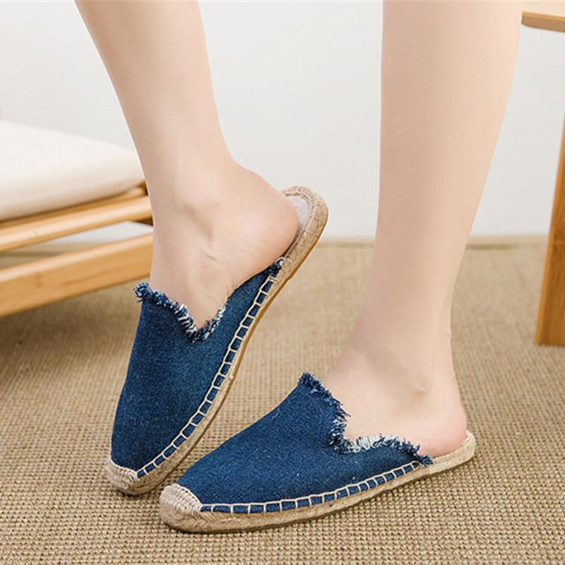 

Slippers Canvas Knitted Mules Shoes Woman Fringe Cover Toe Flat Slides Fresh Cane Sewing Handmade Pug Embroider 42, Sky blue