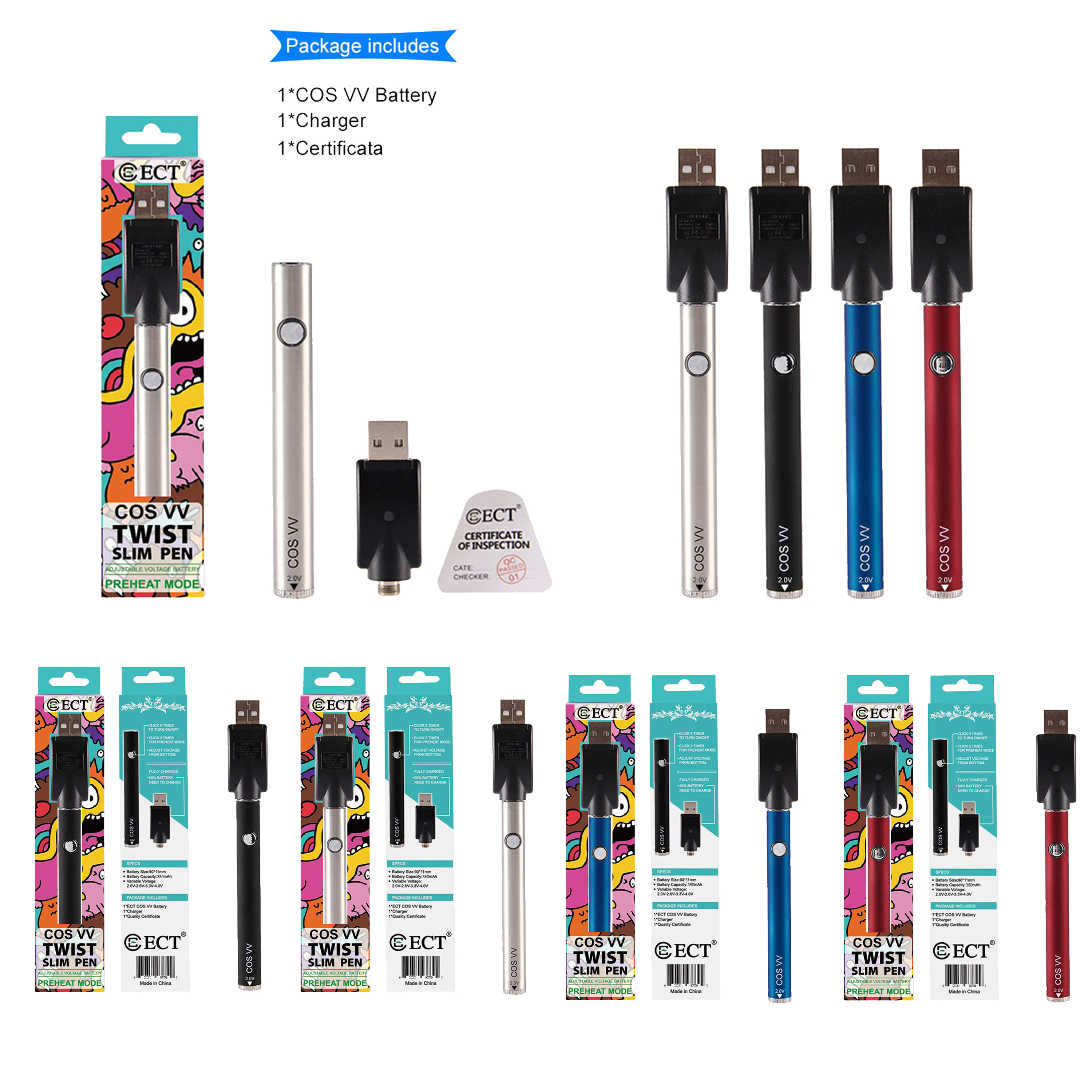 

Original ECT COS VV Vape Pen e cigarette Preheat Battery Kits Oil Vaporizer Preheating Batteries 380mah Many colors are available packaging 510