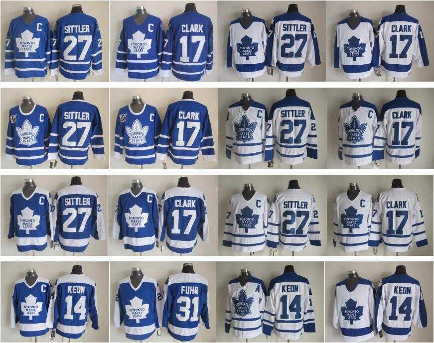 

Men Toronto Maple Leafs 31 Grant Fuhr Jerseyss 14 Dave Keon 17 Wendel Clark 27 Darryl Sittler Blue White Green Stitched Quality, 27 blue 3rd
