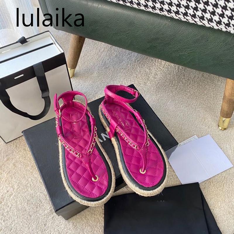 

Candy Color Straw Braid Flat Platform Metal Chain Thong Sandals 2021 Women Fisherman Shoes Flip-Flop Ankle Strap Beach, Black