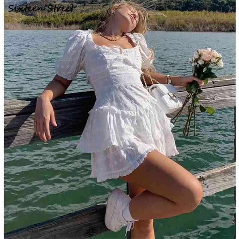 

Retro Floral Embroidery White Dresses Woman Summer Slim Waist Clothing Short Puff Sleeve Boho Party Mini Dress Female 210603