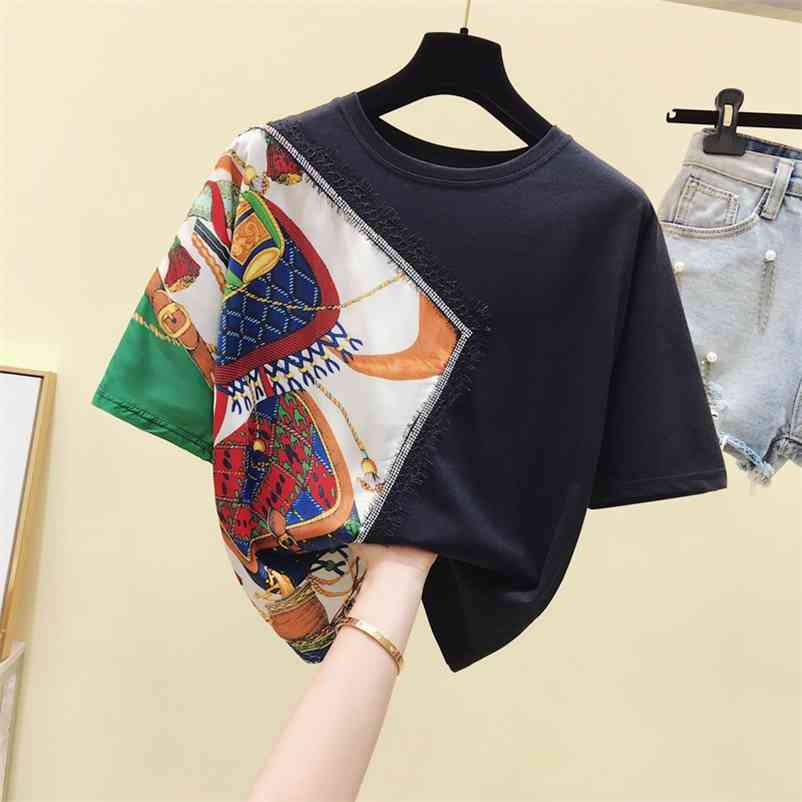 

Summer Women Short Sleeves O Neck Print Patchwork Lace T-Shirt Ladies Casual Pullover Tee Tops A3251 210519, Black