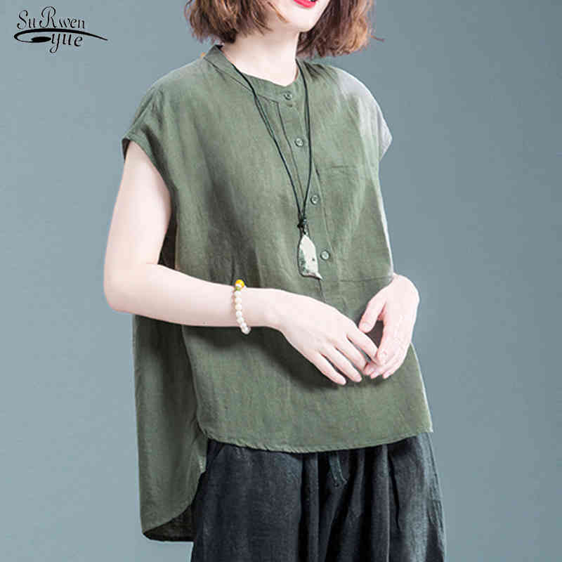 

Plus Size Blouse Blusas Women Summer Work OL Solid Cotton Linen Shirt Casual Short Sleeve Tops Camisas Mujer 12937 210521, White