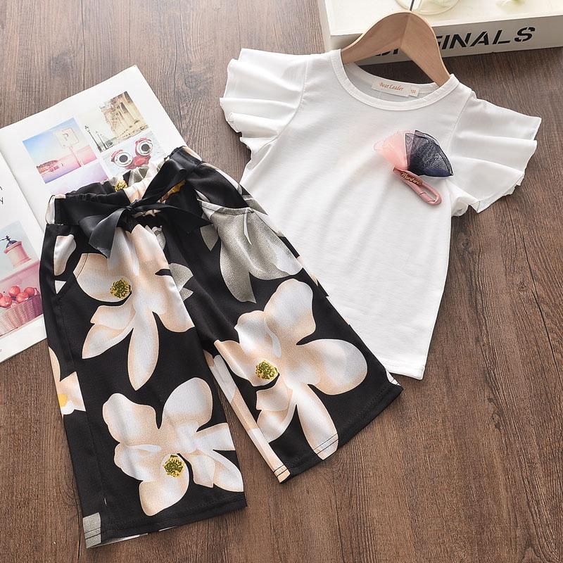 

Clothing Sets Girls Clothes Set 2021 Summer Children Suit Flying Sleeve T-shirt+Flower Print Pants 2Pcs Outfits Casual Kids Costumes 3-7Y, Az2136 white