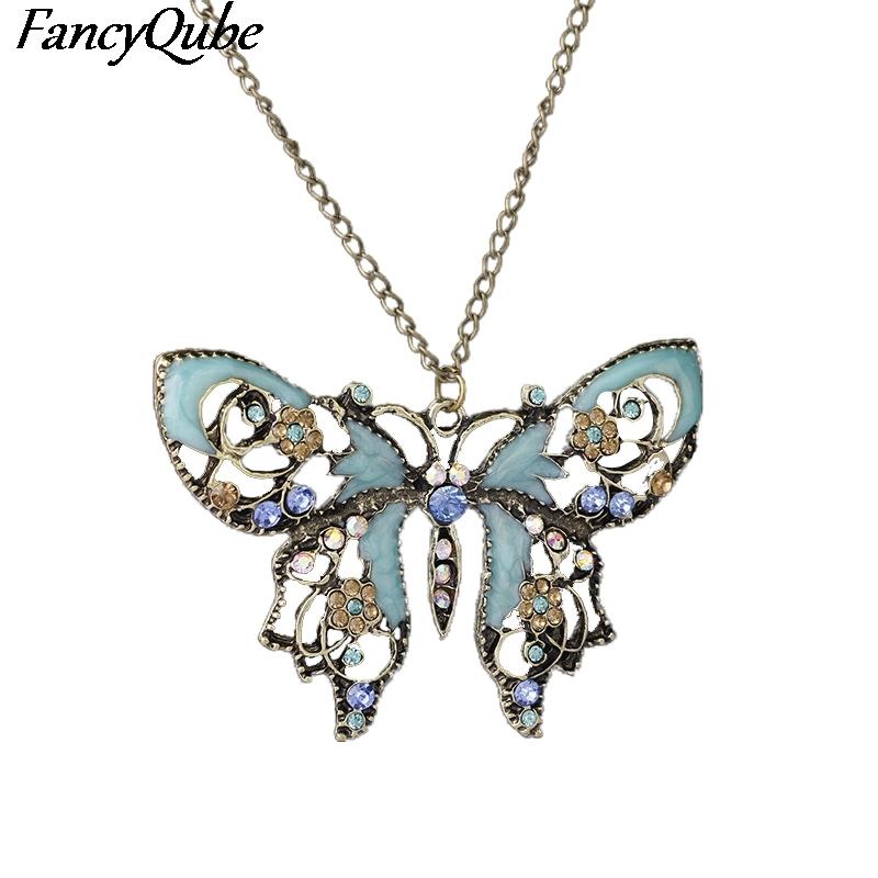 

European And American Retro Hollow Rhinestone Butterfly Sweater Chain Necklace Jewelry Accessories For Women Chains, Silver