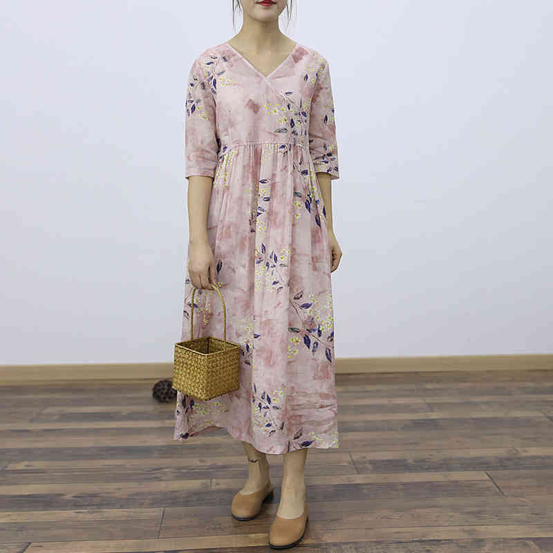 

Johnature Women Bandage High Waist Dresses Ramie V-Neck Seven Sleeve Loose Print Floral Robes Spring Female Vintage Dresses 210521, Pink