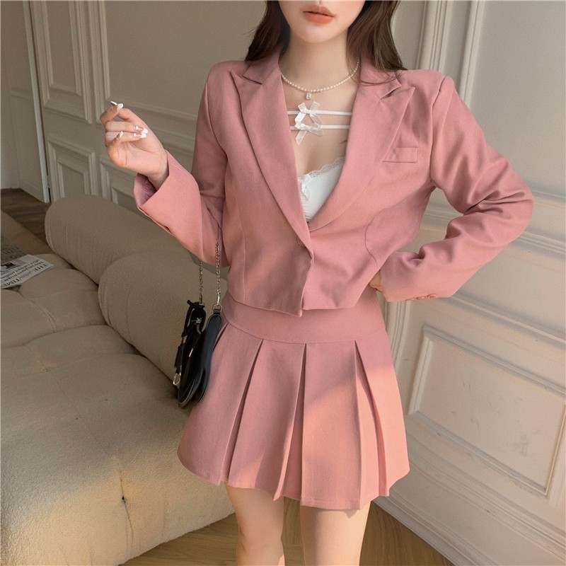 

Spring Women Skirt Suits Elegant Pink Single Button Ladies Blazer Jacket & High Waist Mini Pleated Skirts Suit 210518, Photo color