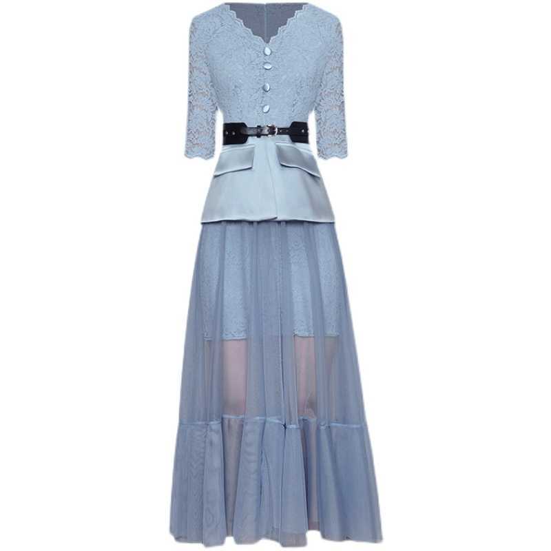 

HIGH QUALITY est Designer Runway Fashion V-Neck Half Sleeve Lace Patchwork Gauze Dress 210526, Black