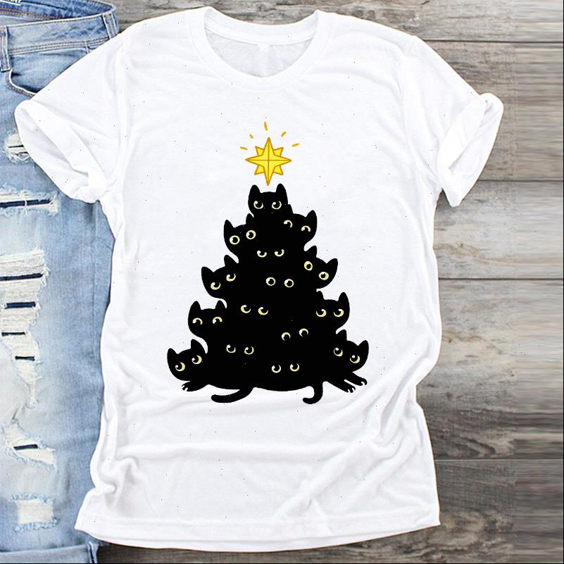 

Women Cut T Shirts Cat Funny 90s Kawaii Cartoon Merry Christmas Print Clothes Graphic Top Shirt Ladies Female Tshirts Tee, White