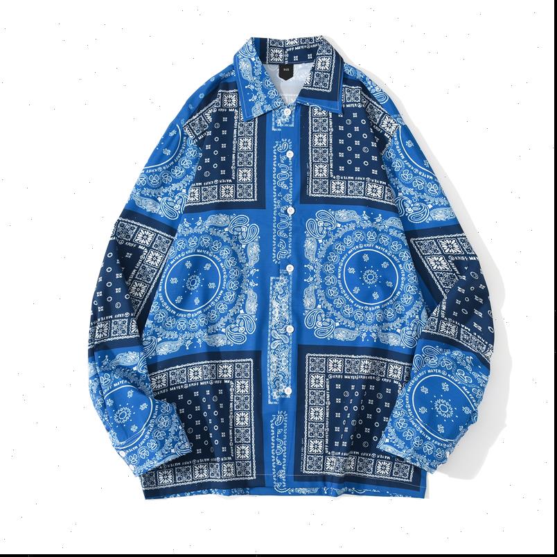

[EWQ] Spring Nw Blue Women Shirts Bandana Print Retro Turn down Collar Street Long Sleeved Casual Plus Size, White