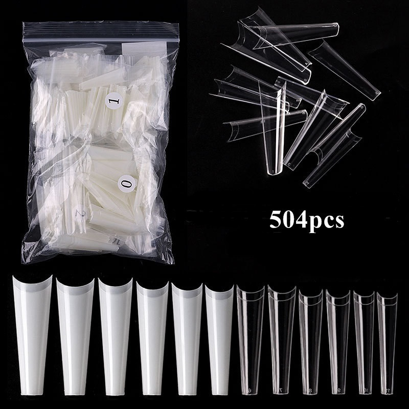 

504PCS Clear False Nails Tips French Style Acrylic Artificial Tip Manicure 12 Sizes for Nail Art Salons and Home DIY, Red;gold