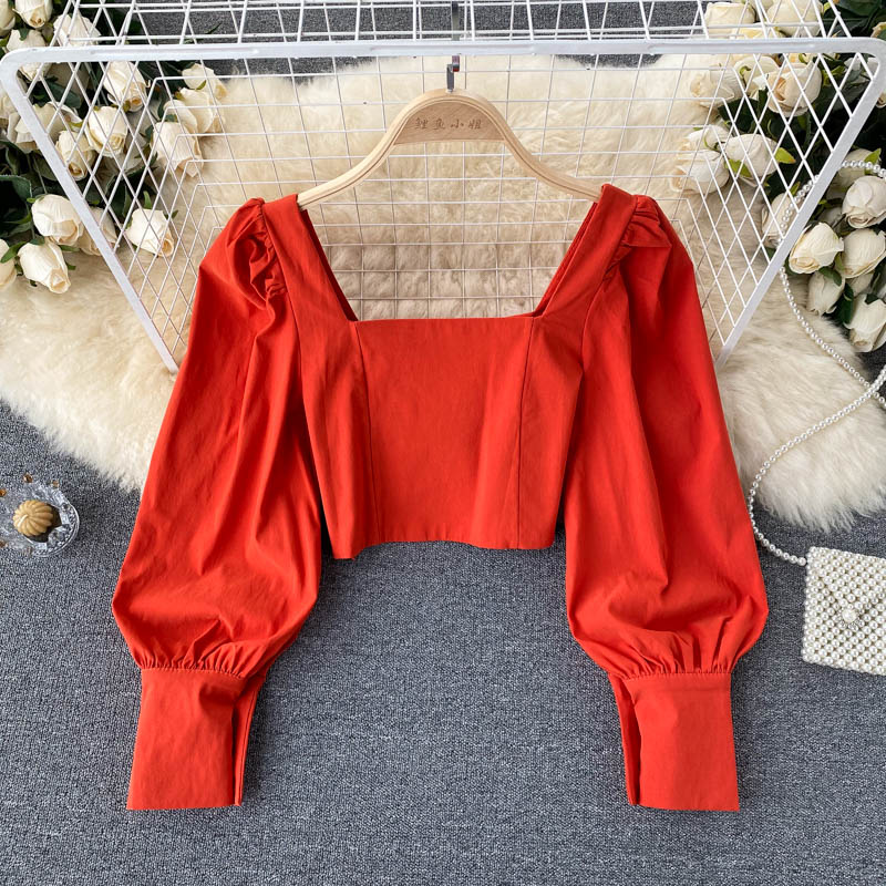 

Short Tops Women's Blouses 2022 Spring Autumn New Fashion Party Square Collar Slim Long Sleeve Shirt Solid Color Blouse, Same as picture