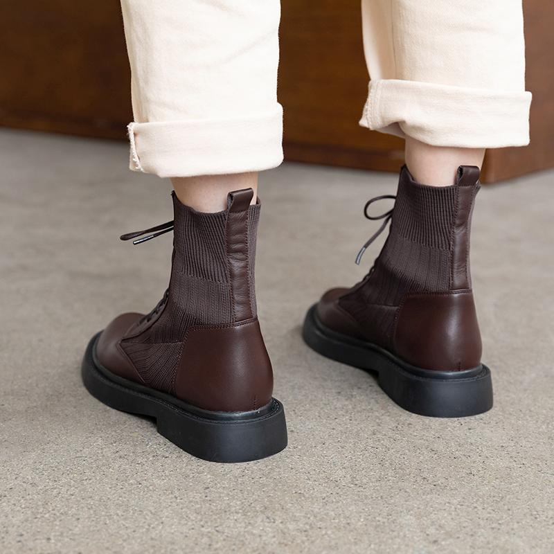 

Boots Grace2021 Flat Shoes Net Red Feet Small Women British Style Short Winter Versatile Half, Brown in velvet