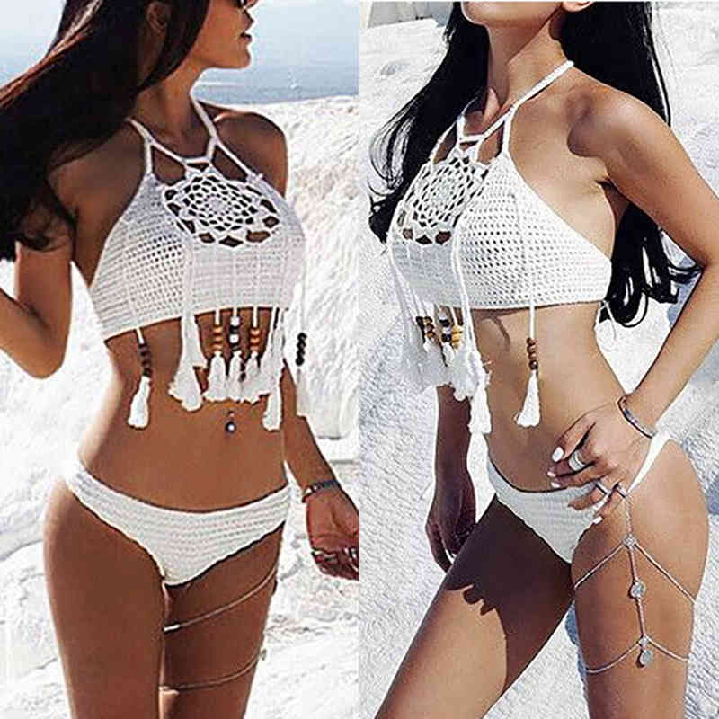 

Sexy Bikini Women Swimsuit Brazilian Bikini Set Crochet Halter Beaded Tassel Top Sexy Hollow Out Swimwear S-l, White;black