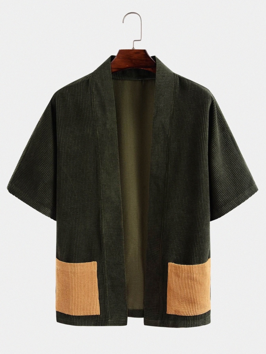 

Men Color Block Dual Pocket Corduroy Kimono A9o9#, Army green