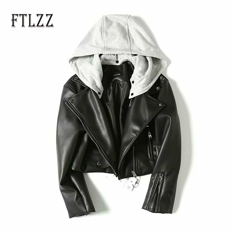 

Women Faux Leather Jacket Spring Autumn Hooed Removable Hat Street Short Coat Ladies Black Pu Outerwear 210525
