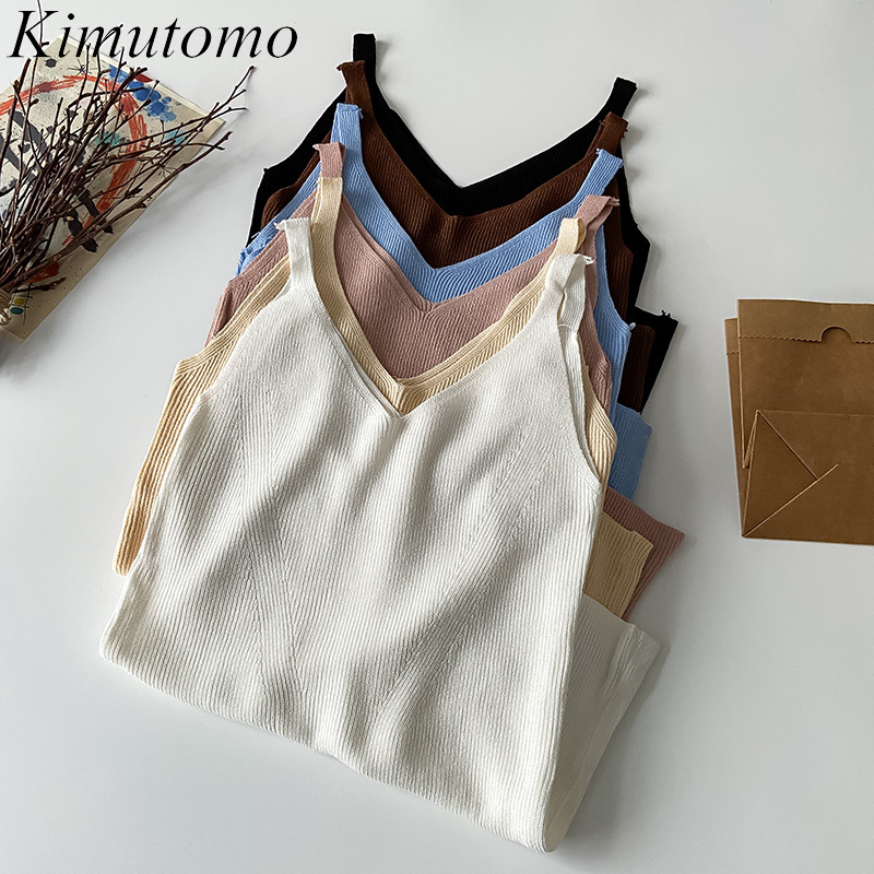 

Kimutomo Summer Knitted Camis French Style Women V-neck Sleeveless Slimming Age-reducing Solid Fashion Top Elegant 210521, Dark brown