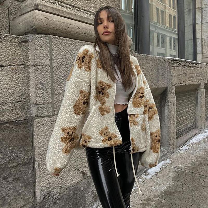 

Women's Jackets Autumn Brown Bear Apricot Coat Women Cute Fashion Casual Jacket Loose Long Sleeve Clothes Female Thick Lamb Wool Overcoat Y2, Black;brown