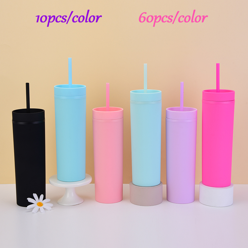 

Local warehouse 16oz Acrylic Skinny Tumblers Matte Colored cups with Lids and Straws 2 layer Plastic Tumblers with color Straw US STOCK, Six colors mixture