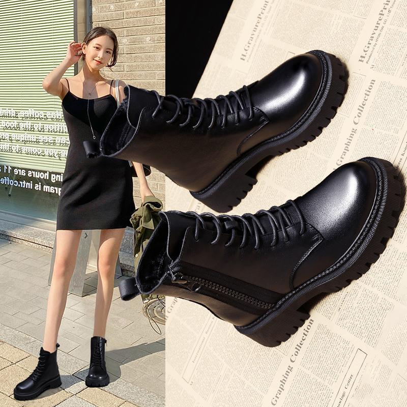 

Boots 2021 Winter Fashion Women's Lace Up Mid-Calf Round Head Women Black Square-Heel Mid-Heel Pu Shoes Botas Mujer, Beige