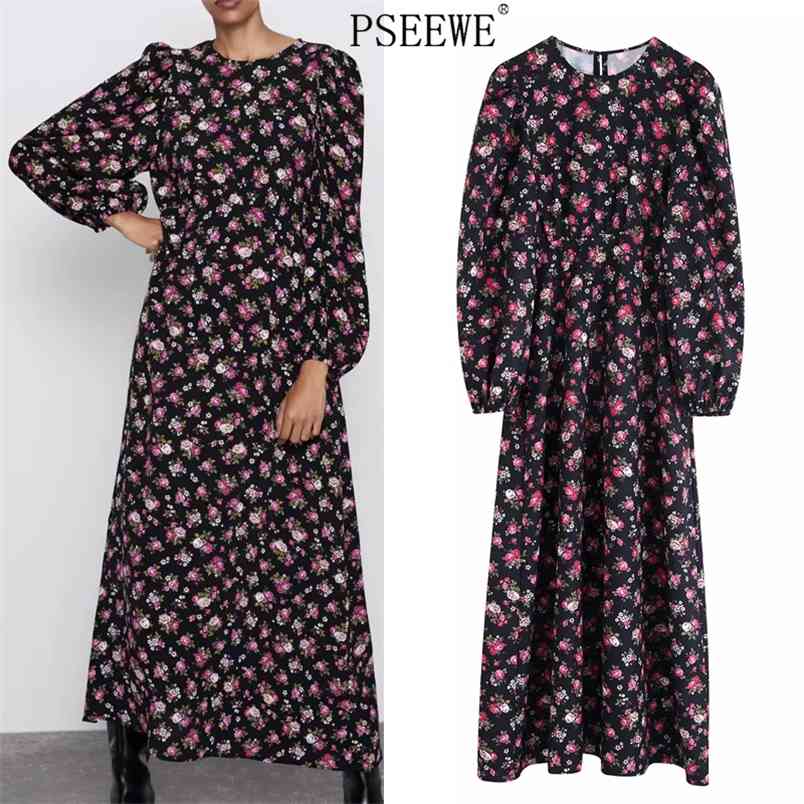 

Black Floral Long Dress Women Vintage Printed Puff Sleeve Maxi Winter Elegant es For Year 210519