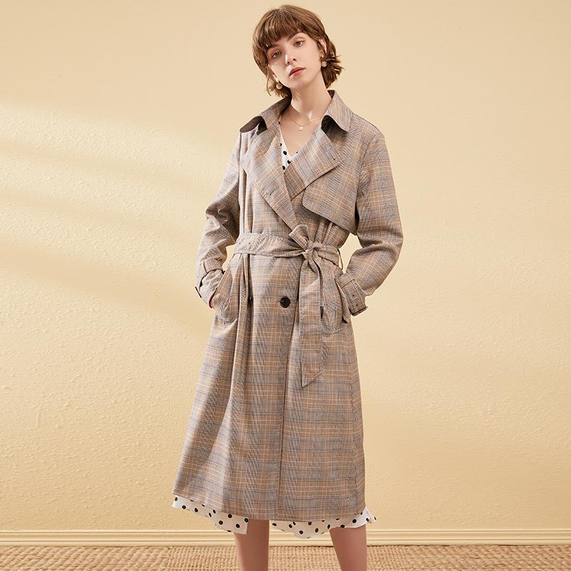 

Women' Trench Coats 2021 Autumn And Winter Plaid Windbreaker Belt With Waist Double-breasted Knee Long Jacket