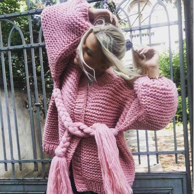 

Autumn Winter High Street Women Pink Sweater Womens Cardigan Long Sleeve Hand-woven Belt Casual Elegant Coats Outwear 210603