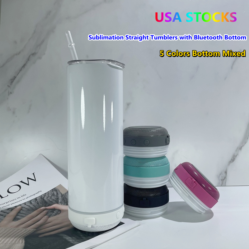 

USA STOCKS! Sublimation Straight 20oz Tumblers with Bluetooth Speaker Bottoms Straw Lid Stainless Steel Double Wall Insulated Vacuum Music Coffee Mugs Mixed Colors, White sublimation