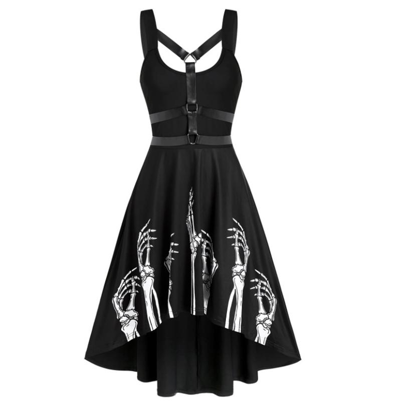 

Halloween Party Dress Women Sleeveless Skeleton Skull Print Gothic Punk Robe Lady Fashion Ghost Claw Casual Dresses Sling Gown, Black;gray