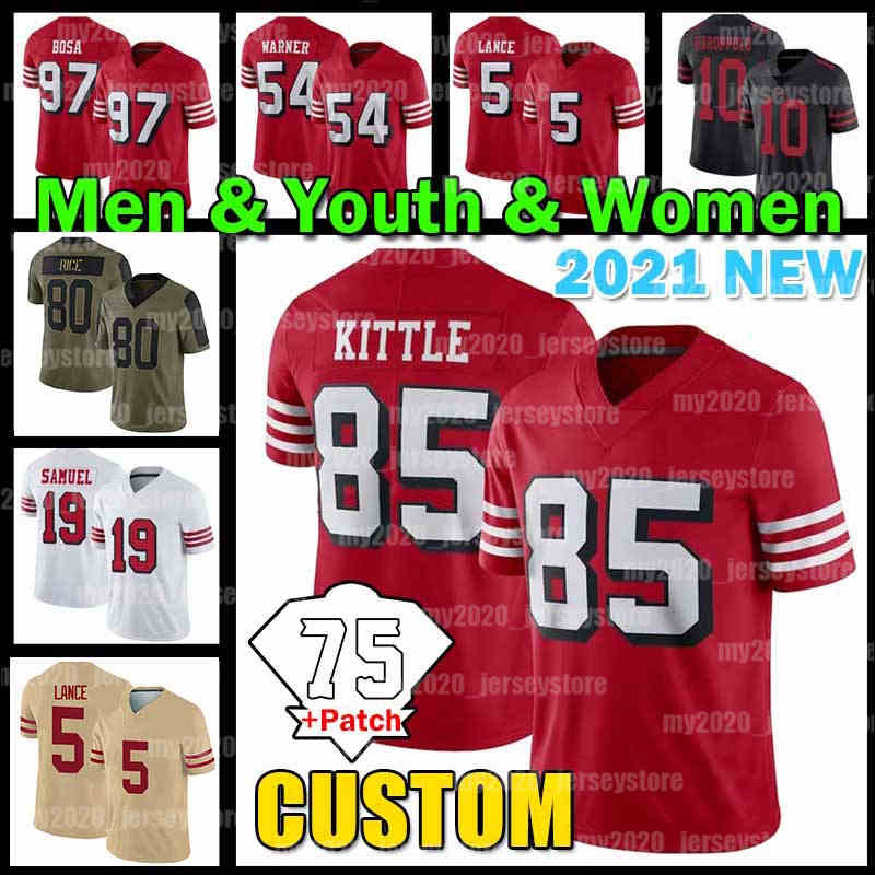 

5 Trey Lance George Kittle Football Jersey Fred Warner Nick Bosa Deebo Samuel Jerry Rice Jimmy Garoppolo Brandon Aiyuk Joe Montana Young, Custom 2021 new men (49 ren)+patch
