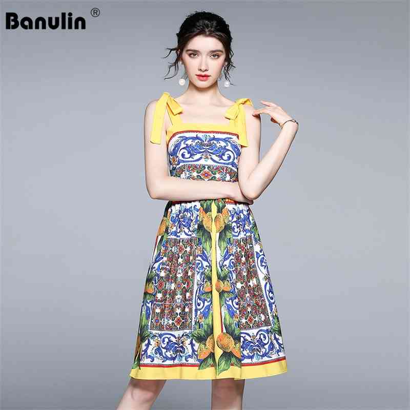 

Banulin Fashion Runway Summer Short Dress Women's High Quality Painted Pottery Printed Bow Spaghetti Strap Party 210603, Yellow