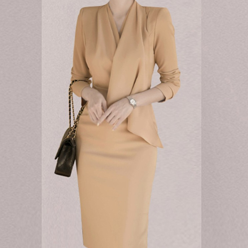 

Elegant V Neck Ruffles Bodycon Women Dress Long sleeve Solid Mid-length Party Work to Wear Female Vestidos 210525, Picture color