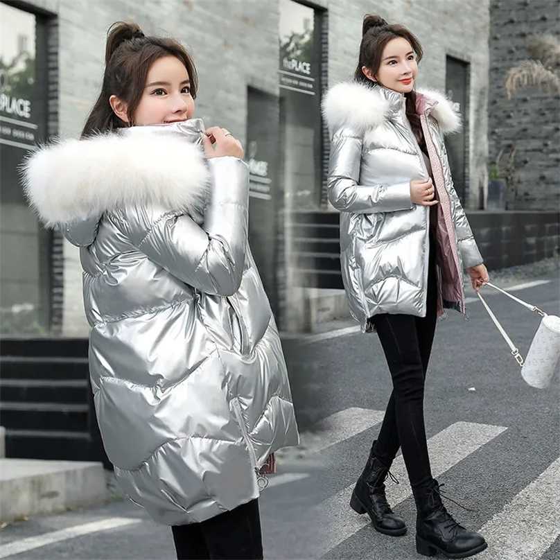 

Glossy Hooded Removable Fur Collar Warm Parka Women Korean Loose Long Sleeve Cotton-Padded Jackets Trendy Thick Winter Overcoat 211018, Silver