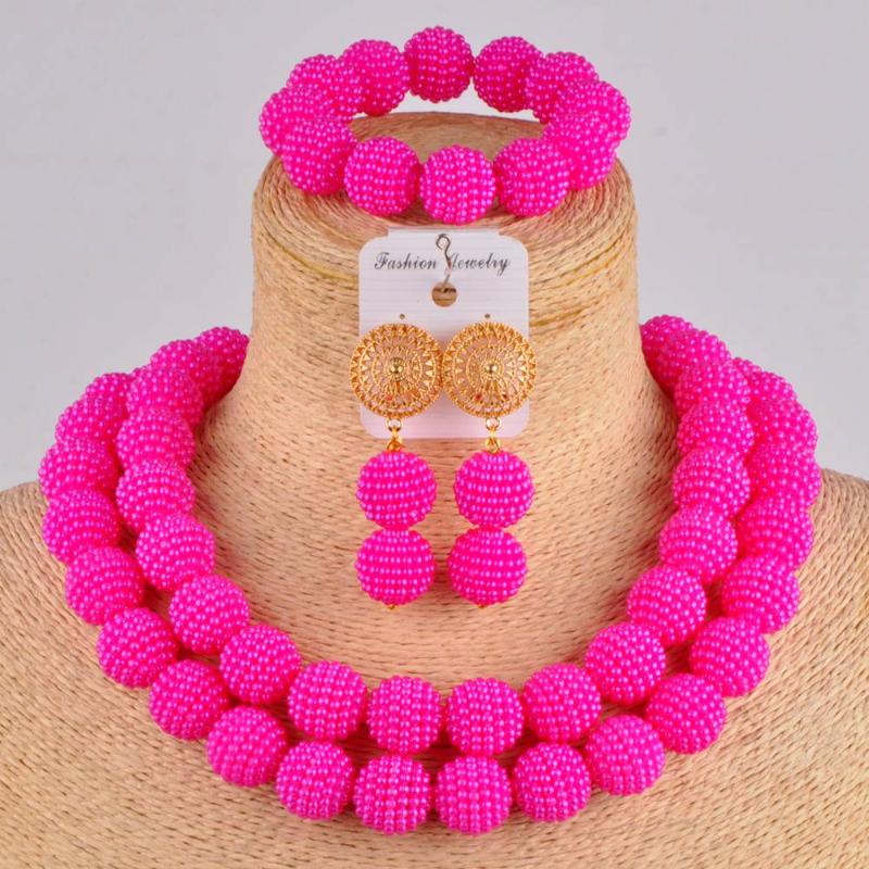 

Earrings & Necklace Europe And America Nigerian Beads Jewelry Set Fuchsia Pink Simulated Pearl African ZDS02, Silver