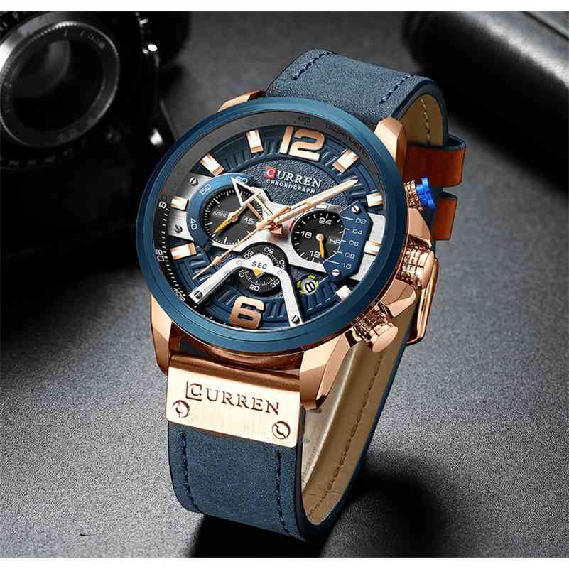 

CURREN Top Brand Men Casual Wristwatch Mens Sport Waterproof Quartz Watch Fashion Military Leather Chronograph Montre Homme 210517, Gold black
