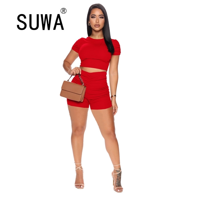 

Tracksuit Vintage Casual Women Two Piece Sets Short Sleeve Pullover Top T-Shirt High Waist Skinny Shorts Wholesale Clothing 210525, Red